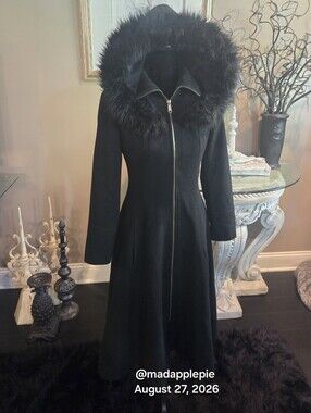 Bebe Full Length Wool Blend Faux Fur Hooded Jacket Designer Warm Winter Coat#117